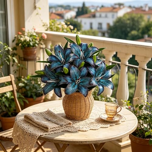 Kimura's Cabin 6Pcs Tiger Lily Artificial Flowers Real Touch Fake Lilies with Stems Faux Lilies Bouquet for Wedding Floral Arrangements Easter Home Table Centerpiece Office Decor(Deep Lake Blue) - color: Deep Lake Blue
