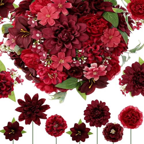 Janinka 100 Pcs Red Assorted Fake Flower Heads with Long Stem Mini Artificial Flower Bulk Mix Silk Faux Daisy for Crafts Fake Peony Rose for DIY Wedding Party Wreath Home Decoration - color: Red