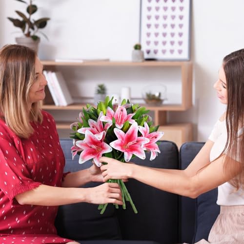 12 Bundles Pink Lily Artificial Flower with 12 Head Full Bloom Lily & 24 Bud Rhinestone Fake Permanent Flower Wedding Party Decor Home Hotel Bouquet Centerpiece Floral Arrangement - color: Pink, style: Rhinestone Lily