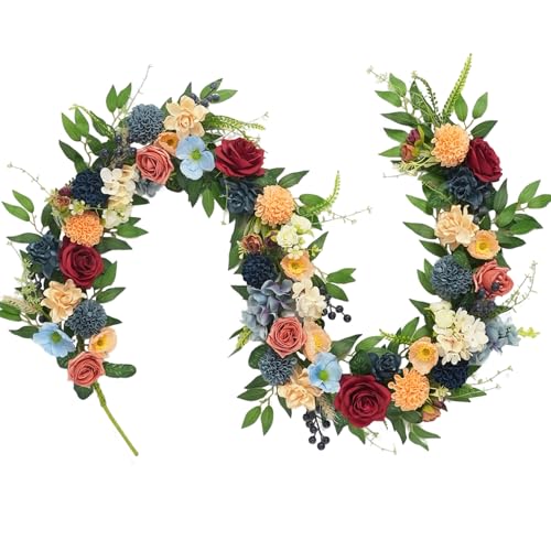 70 Inch Spring Garland - Farmhouse Boho Faux Flower Garland with Roses, Dahlias & Greenery, Hanging Wreath for Wedding Arch, Home Decor, Party Backdrop Spring Front Door Fireplace Table Decor - color: Garland