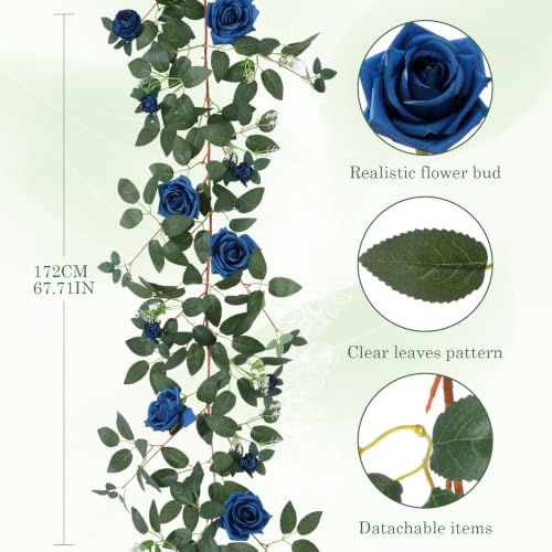 2 Pack 11.2 Ft Artificial Flower Garland with White Roses, Realistic Fake Greenery Vines with 17 Roses Flowers for Wedding Table Centerpieces Arch Party Ceremony Backdrop Decor (Blue) - color: Blue