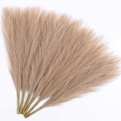 Ureymx Faux Pampas Grass Decor 17.7 Inch 6pcs, Artificial Pampas Grass Fluffy Home Decor, Short Vase Room Decor pompous Grass Flower Arrangement for Boho Home Wedding Decoration (Light Brown) - color: Light Brown, size: 17 Inch 6 Pcs