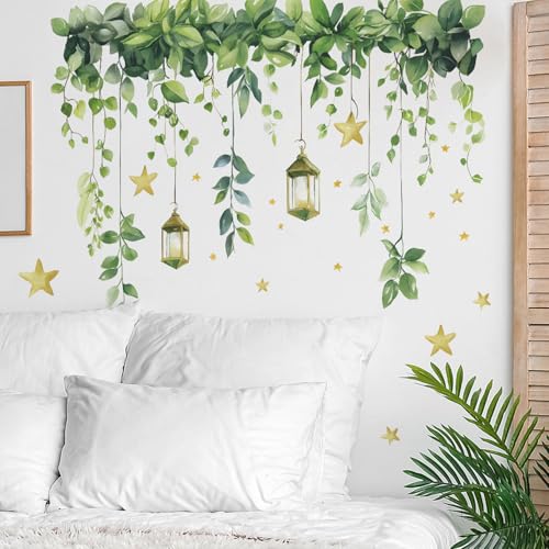 Green Plants Leaves Wall Decals Removable Hanging Vines Wall Stickers Peel and Stick Vinyl Waterproof Wall Decor for Bedroom Living Room Bathroom Classroom Decorations - style: Green Plants