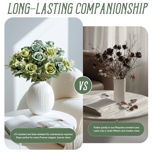 Fake Roses Green Roses Artificial Roses Silk Roses Artificial Roses with Stems 24 Full Flower Heads Faux Roses for Outdoor Indoor Centerpieces home Wedding Farmhouse Decoration No Vase(4PCS,Green) - color: Green 4pcs