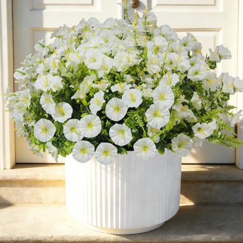 Artificial Morning Glory UV Resistant 36 pcs White Spring Artificial Flowers Outdoors, Realistic Faux Silk Morning Glory Fake Morning Glory Plants for Garden Porch Planters Window Wedding Decor - color: White（with Green Ferns）, size: 36 pcs