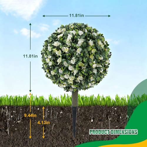 Set of 2 Artificial Topiary Balls with Flowers, 21" UV-Resistant Faux Evergreen Shrubs with Ground Spikes — Festive Outdoor and Indoor Holiday Décor Plants for Porch, Patio, and Garden - color: Green and White Flowers