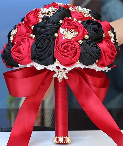 Sharebeauty 8.3" Handmade Satin Rose Bridal Bouquet Toss Round Wedding Bouquet Throw Toss Artificial Flower Bunch Ruby Red + Black - color: 809a Ruby Red/Black, size: 8.3"/21cm