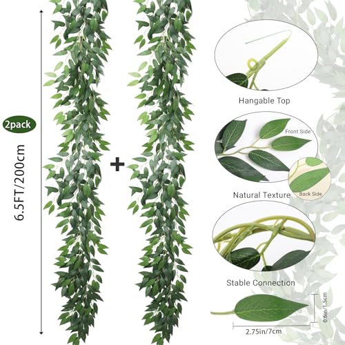 RECUTMS Fake Willow Leaves Vine Artificial Italian Ruscus Greenery Garland 2Pack 6.5FT Faux Hanging Silk Leaf Ivy Rattan for Home Office Wedding Garden Balcony Wall Window Indoor Outdoor Decor - color: Ruscus Greenery Garland 2pcs