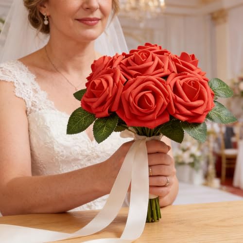 16 Pcs Fake Red Roses Artificial Flowers | Red Foam Roses with Stems, Artificial Flowers for DIY Wedding Bouquets, Centerpieces, Party, Home Decor - color: Red Flowers