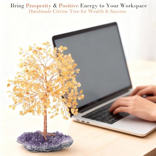 Gemstone Crystal Tree of Life,Natural Citrine(406 Stones Count) with Amethyst Cluster Base,Chakra Healing Crystals Positive Energy Fengshui Bonsai Money Tree Gift 8.5"-9" - color: Citrine With Amethyst Cluster Base
