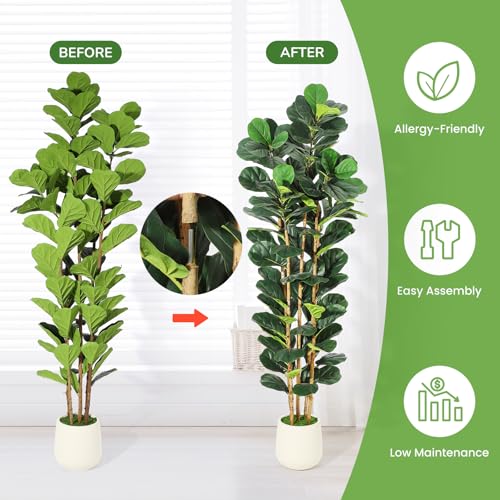 Garvee Artificial Fiddle Leaf Fig Tree with White Planter, Fake Plant with Natural Wood Trunk, Faux Ficus Tree Fake Moss for Home Office Living Room Decor - size: 7ft