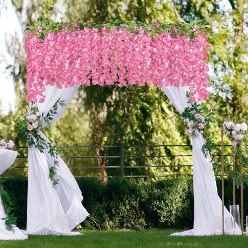 ARTKAIKE Artificial Flowers Garland for Home Decor, Fake Wisteria Vine Silk Hanging Plant Flower for Room Bathroom Wall Kitchen Bedroom Garden Outdoor Wedding Decor (4, Dark Pink) - color: Dark Pink