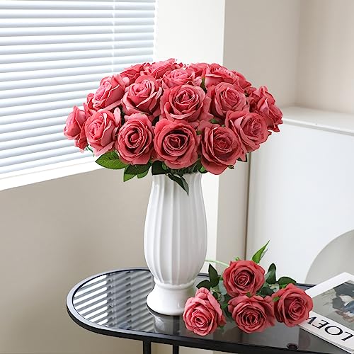 Tifuly Coral Pink Roses Artificial Flowers -12 Pcs Long Stem Silk Roses, Realistic Fake Roses with Stem for Bridal Bouquets, Home and Office DIY Decor - color: Coral Pink