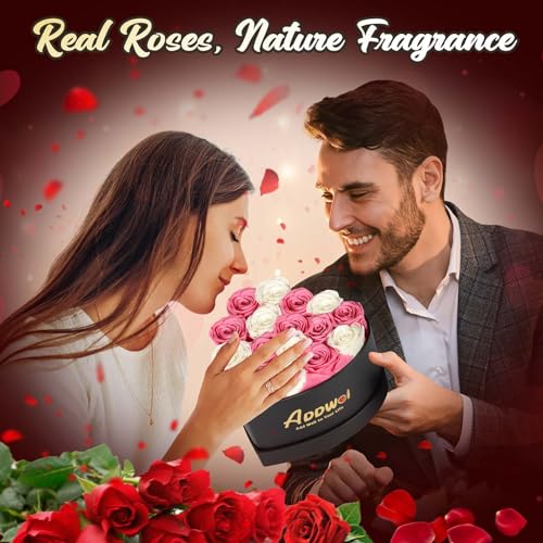 ADDWel Romantic Preserved Roses Bouquet for Her Anniversary, Birthday Flower Gifts for Women, 16-Pieces Eternal Roses with Natural Fragrance in Heart-Shape Box for Wife Girlfriend Mom - color: Pink & White