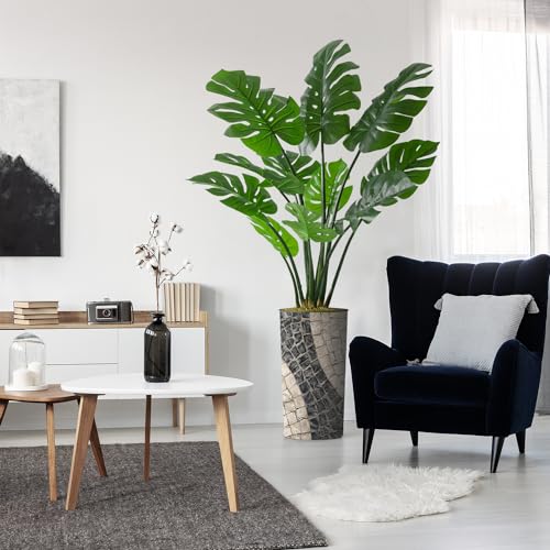 Artificial Tree in Geometric Pattern Planter, Fake Monstera Silk Tree for Indoor and Outdoor Home Decoration - 65" Overall Tall (Plant Pot Plus Tree) - style: Monstera Plant