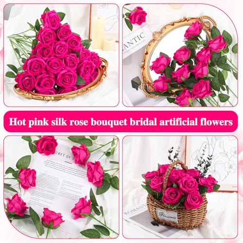 150 Pcs Roses Artificial Flowers, Silk Hot Pink Artificial Flowers Petals Long Stem Roses for Wedding Bouquet Home Party Decor - color: Hot Pink