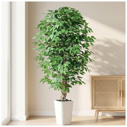 6FT Artificial Ficus Tree Indoor, Large Fake Ficus Tree with Natural Wood Trunk & Realistic Silk Leaves, Tall Faux Tree for Living Room, Office, Home Decor, White Pot Included