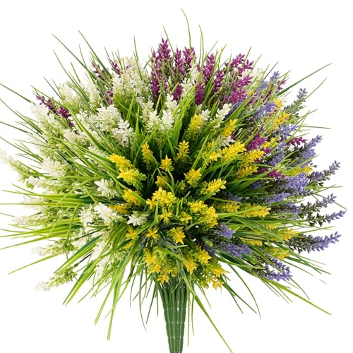 20 Bundles Artificial Plants Outdoor, UV Resistant Fake Flowers, Realistic Faux Lavender Shrubs for Porch Garden Window Box Home Decoration (White Yellow Lightpurple Rosy) - color: White Yellow Lightpurple Rosy