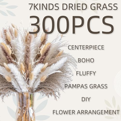 300PCS Natural Pampas Grass Mix Bouquet | Dried Pampas Bouquet for Wedding Boho Flowers Home Table Decor Desk Decor, Rustic Farmhouse Decor (300PCS) - size: 300PCS