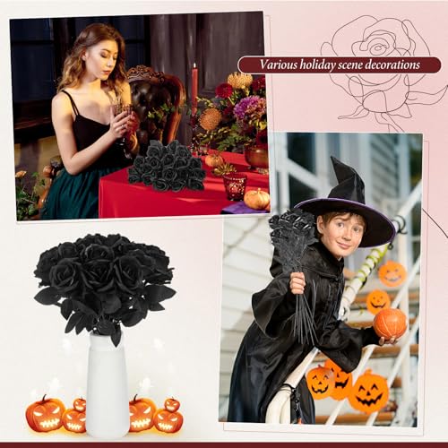 Hotop 40 Pcs Rose Artificial Flowers Bulk with Long Stem,Realistic Silk Fake Roses Bouquet for Home Wedding Centerpieces Party Table Decoration Valentines Gifts(Solid Black) - color: Solid Black