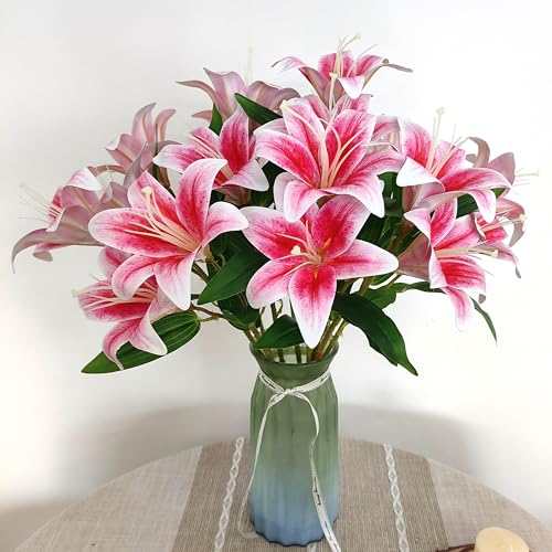 Artificial Lilies Flowers,10Pcs Faux Lily Flower,20''Tiger Lily Branch with 2 Full Blooms, Faux Fake Lilies Plants for Wedding Bouquet Home Party Indoor Floral Arrangements (10, hot Pink) - color: Hot Pink