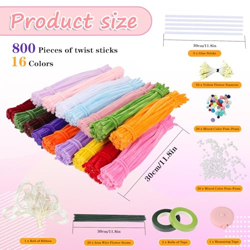800Pcs Pipe Cleaners Craft, 16 Colors Pastel Pipe Cleaner Flower, Thick Chenille Pipe Cleaners Bulk with Floral Wires, Tape, Stamen, Ribbon & Video Tutorial, DIY Handmade Bouquet, Creative Gift - color: 800 Pcs 16 Colors-Flowers