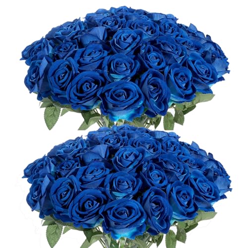 50Pcs Blue Roses Artificial Flowers Fake Roses Faux Velvet Silk Flower for Home Wedding Decoration (Pearl Rose, Blue) - color: Pearl Roses - Blue 50p