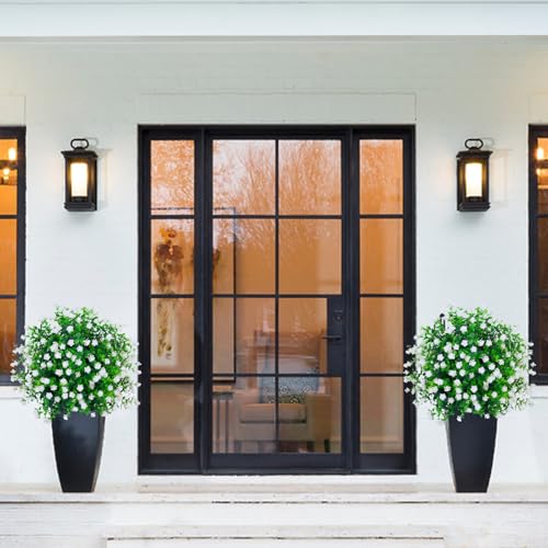 THKFUL Artificial Flower Topiary Ball Trees Outdoor Set of 2 - White Boxwood Ball Fake Plants with Ground Spike,23" Realistic Faux Shrubs UV Resistant for 4th of July Front Porch Window Box Decor - style: White