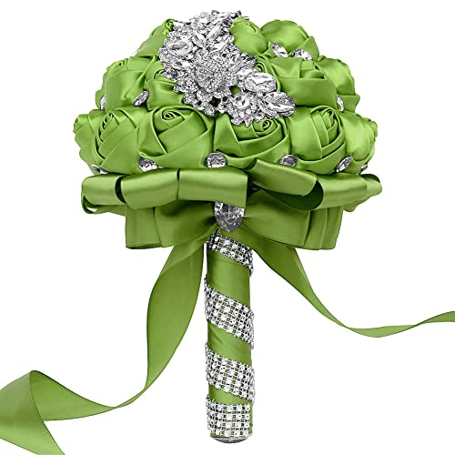 XINNI Brooch Bridal Wedding Bouquet Green Bride Bridesmaids Satin Rose Flower Bouquet with Meteor Shower Shape Rhinestone for Wedding Light Green - color: Light Green