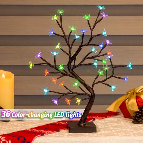 PEIDUO RGBW Cherry Blossom Tree, Light up Bonsai Tree 36 Color-Changing LED, Lit Spirit Tree Lamp with Controller for Christmas Indoor Home Bedroom Tabletop Decoration, USB/Battery Powered, 17.5 Inch - style: RGBW Cherry Blossom Tree
