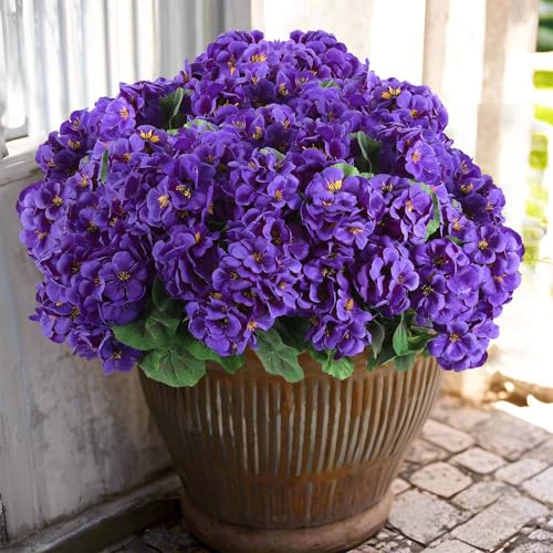 Hananona Artificial Geranium Flowers for Outdoors Geranium Silk Flowers Outdoor UV Resistant Garden Plants Faux Flowers for Home Kitchen Table Centerpieces Decor (12, Purple) - color: Purple