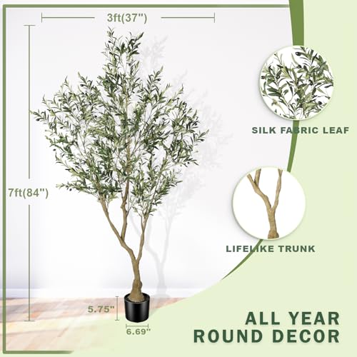 LYERSE Olive Trees Artificial Indoor - Faux Olive Tree 7ft with Large Olive Branches and Lifelike Fruits - Fake Olive Tree for Modern Home Office House Living Room Decor - size: 7ft