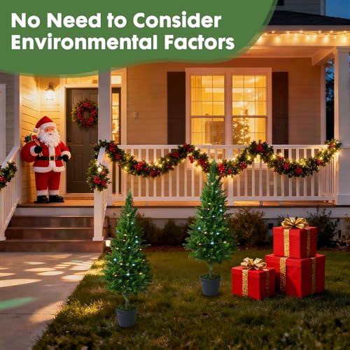 2 Packs of Fake Cypress Plants with Lights, 4FT Artificial Cedar Pruning Tree, with Flowerpot, UV Resistant Artificial shrubs, Suitable for Outdoor and Indoor Front Porch Gardens - size: 4FT Cypress Plants