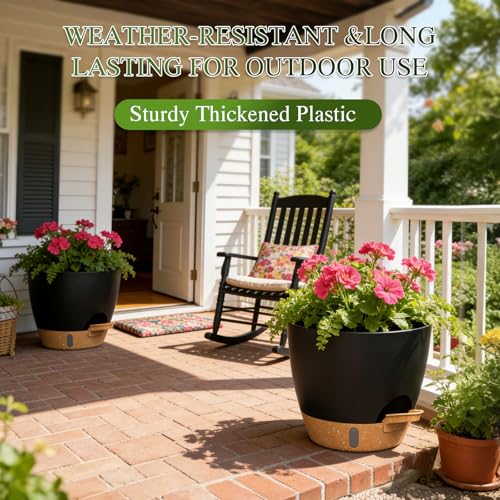 Self Watering Pots with Drainage Holes, 3 Pack 12/10/8 Inch Plant Pots with Water Level Indicator Deep Reservoir, Large Plastic Planter for Indoor Outdoor Plants - Black Brown - color: Black Brown, size: 12+10+8 Inch Set