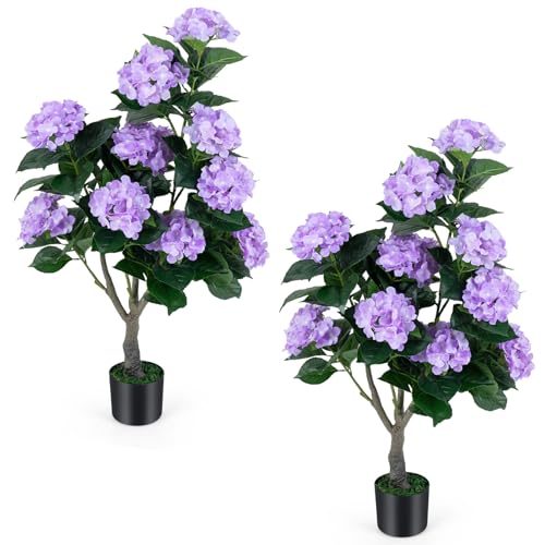 Goplus Artificial Hydrangea Tree, 2 Pack Fake Floral Plant w/11 White Flowers & Realistic Trunk in Plastic Nursery Pot, Indoor Silk Flower Tree for Home Office Living Room Housewarming Gift (Purple) - color: Purple