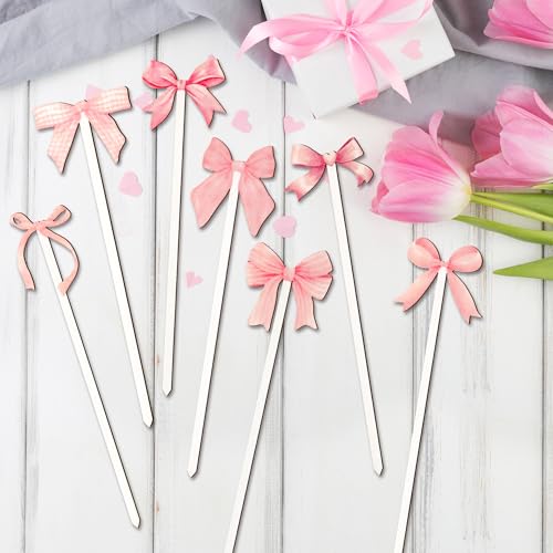 TICIAGA Pink Bow Wooden Picks - 14PCS Pink Bow Tie Double-Sided Wooden Decorative Pick for Home Cute Vase Filler Wooden Bow Tie Decorative Pick for Farmhouse Decor Bow Tie Theme Decorations for Home - color: Pink Bow