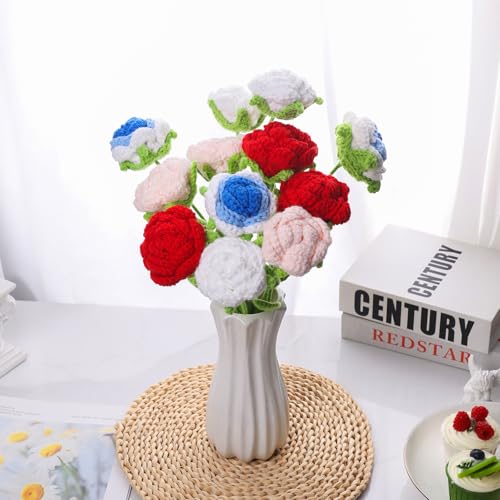 Handmade Crochet Rose Bouquet of 12 PCS,Artificial Knitted Rose Flowers 4 Colors for Home,Office,Wedding,Festival Gift Idea for Mom Girl Women