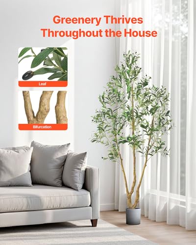 VEVOR 7FT Artificial Olive Tree with Black Pot, Tall Fake Tree with Natural Wood Trunk & Realistic Green Leaves and Fruits, Indoor Faux Plant for Home, Office, Living Room, Corner Decor - color: Olive Tree Type 2, size: 7ft