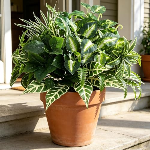 Artificial Greenery Plants, Large Bunches Outside Faux Plants for Outdoor Decor - UV Resistant Fake Plant for Planters, Realistic Fake Greenery Bushes for Garden Patio Front Porch Yard Decor