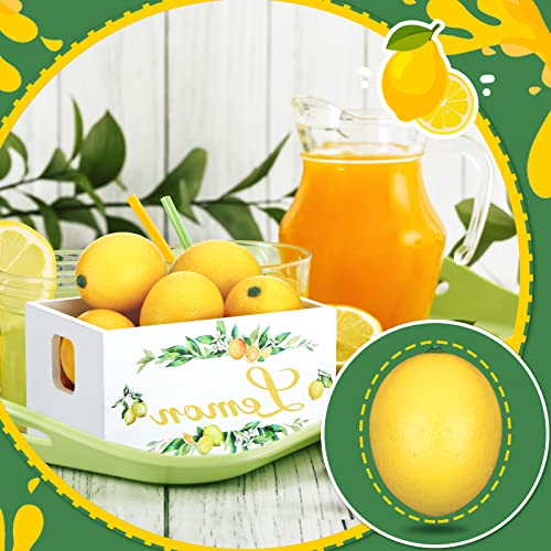 Yulejo Summer Lemon Tiered Tray Decor, Farmhouse Mini Wooden Crate with 8 Pcs Fake Lemons, Lemonade Decorative Box Rustic Table Centerpiece for Kitchen Home Shelf Party Decorations