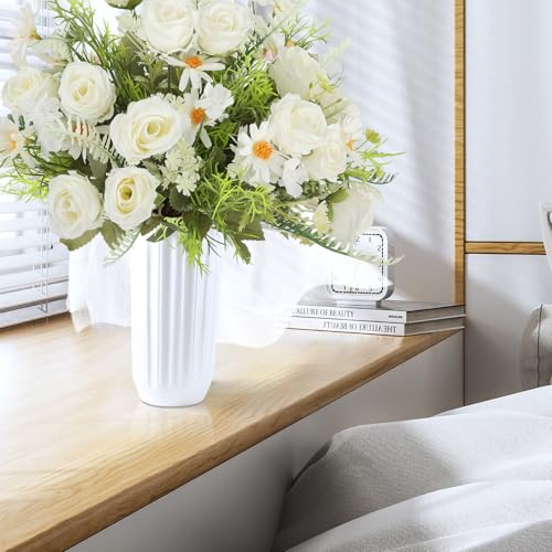 Artificial Flowers Bouquet 3 Pack Fake Rose Bouquet Faux Artificial Flower Arrangements Decoration Table Wedding Flower Centerpieces（White） - color: White