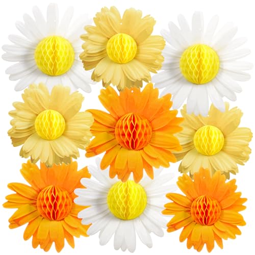 Paper Jazz 9pcs Daisy Paper Flower Decorations, White Yellow Orange Honeycomb Hanging Decor, Spring Party Celling Sign Boho Happy Birthday Supplies for Garden Classroom Baby Shower Birthday Party - color: Orange Daisy