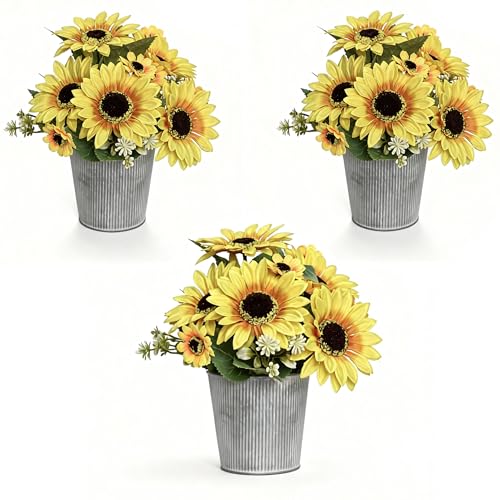 SVENJBB 3-Pack Artificial Sunflower Arrangement in Galvanized Metal Pot, Faux Sunflower Bouquet with Daisies & Greenery, Farmhouse Table Centerpiece Home Décor, 9.5 Inch Height - color: Sunflower Bouquet