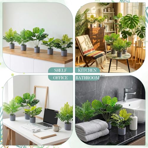 Suncalla 5 Pcs 11 inch Artificial Potted Tropical Plants Indoor Small Faux Monstera Plant in White Pebbles Pots Fake Greenery Table Centerpiece for Home Living Room Kitchen Office Shelf Bedroom Desk