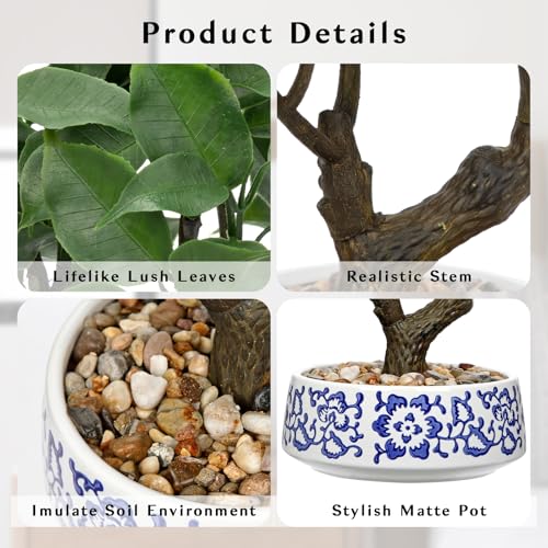 Artificial Bonsai Tree, Small Ficus Bonsai Tree 13" Indoor Bonsai Tree | Fake Potted Plant Decorative Fake Desk Plant Decor with Blue & White Ceramic Pot for Home Office Bathroom Table Shelf - color: Green Ficus& Blue and White Pot