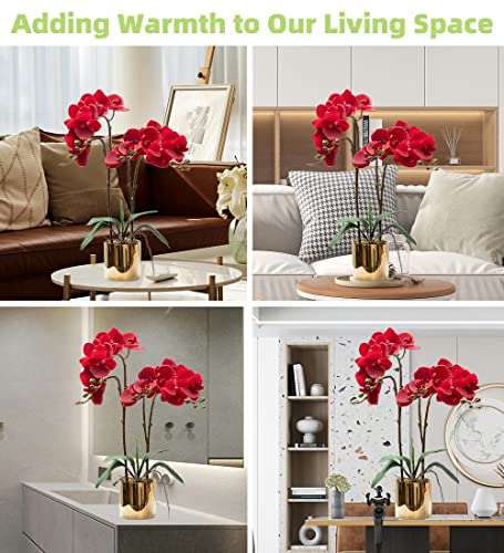 CXGS Artificial Orchid Flower Plant Real Touch Faux Orchids in Ceramic Vase Red 19.7'' Fake Phalaenopsis Flower Arrangement Centerpiece Home Indoor Decor - color: Red- Golden