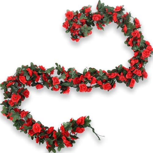 4Pcs Artificial Rose Vines Fake Flowers Garland with Green Leaves Faux Hanging Floral Plants for Bedroom Garden Patio Decor,Christmas Anniversary Wedding Birthday Party Decoration (Red) - color: Red, size: 4Pcs-small rose