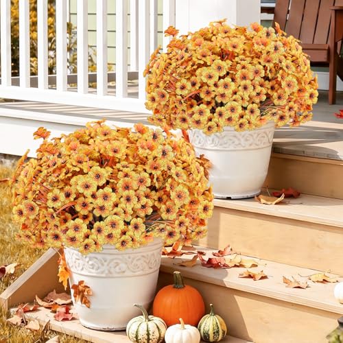 22 Pack Artificial Flowers Outdoor Fake Plants, Faux Flowers UV Resistant with Plastic Plant, Faux Silk Flowers for Outdoors Outside Front Porch Hanging Planter Window Garden Decoration(Autumn Yellow) - color: Autumn Yellow, size: 22 Bundles