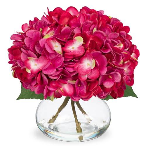 Hollyone Hydrangea Artificial Flowers with Glass Vase Fuchsia Silk Faux Flowers Arrangements in Vase with Faux Water Fake Floral Bulk Bouquet for Home Decor Table Centerpiece Decorations - color: Hydrangea, Fuchsia