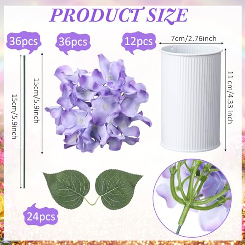 Zeyune Purple 12 Sets Wedding Flower Table Centerpieces Artificial Hydrangeas with Rustic Metal Vase Fake Hydrangea Flowers in Pot Floral Arrangement for Wedding Bridal Tea Party Table Home Decor - color: Purple